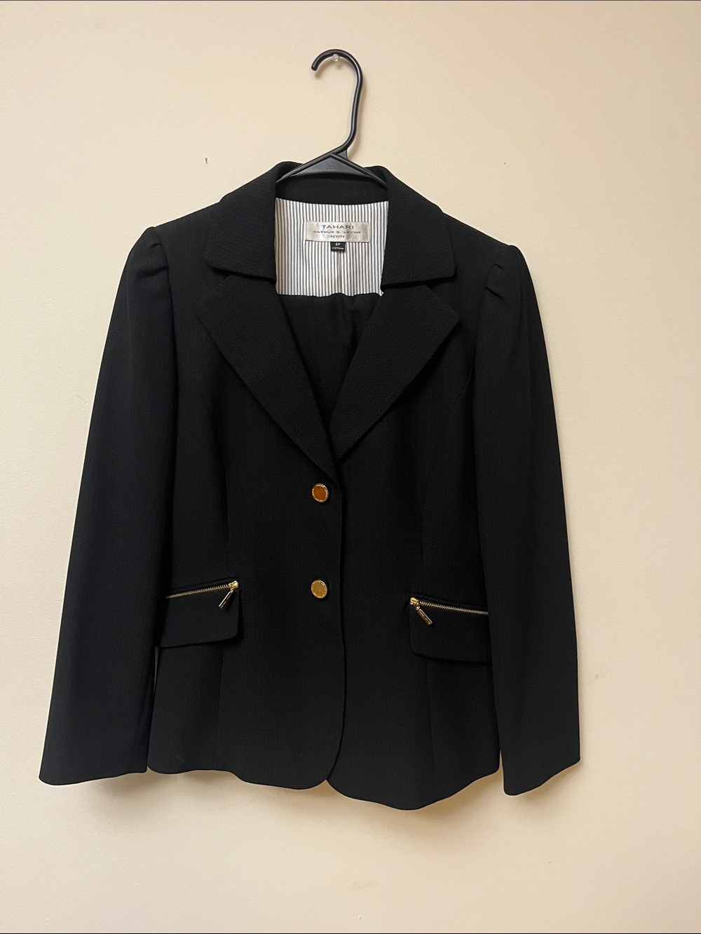 Tahari ASL Black Pant Suit with Gold Accents
